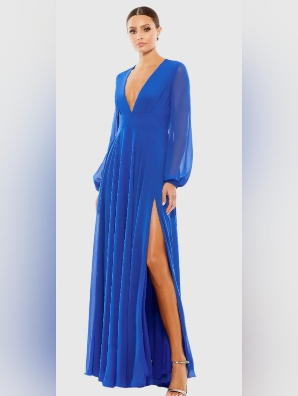 Mac Duggal Chiffon Deep V-Neck Cobalt Blue Maxi Dress with High Slit